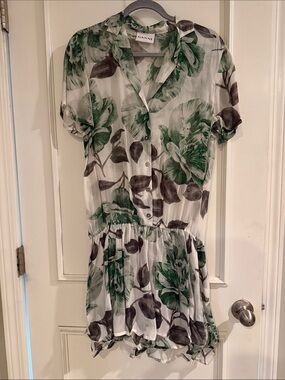 Ganni Sheer Green Floral Button-Front Short Dress.  Size M